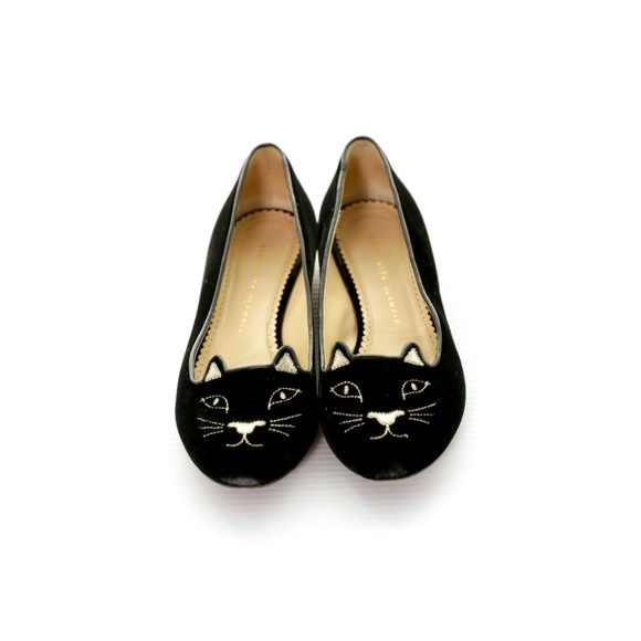 Charlotte Olympia Kitty Black Velvet Gold Embroidered Flats 9M / 39 EU Whimsical - Picture 1 of 9